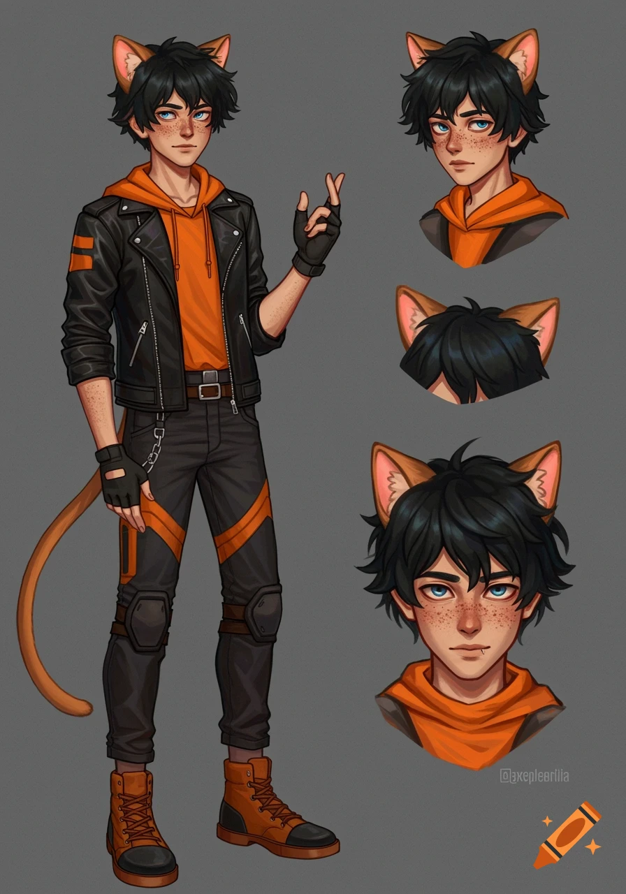 Character reference sheet illustration of a boy with cat ears and tail, wearing an orange shirt and black leather jacket.
