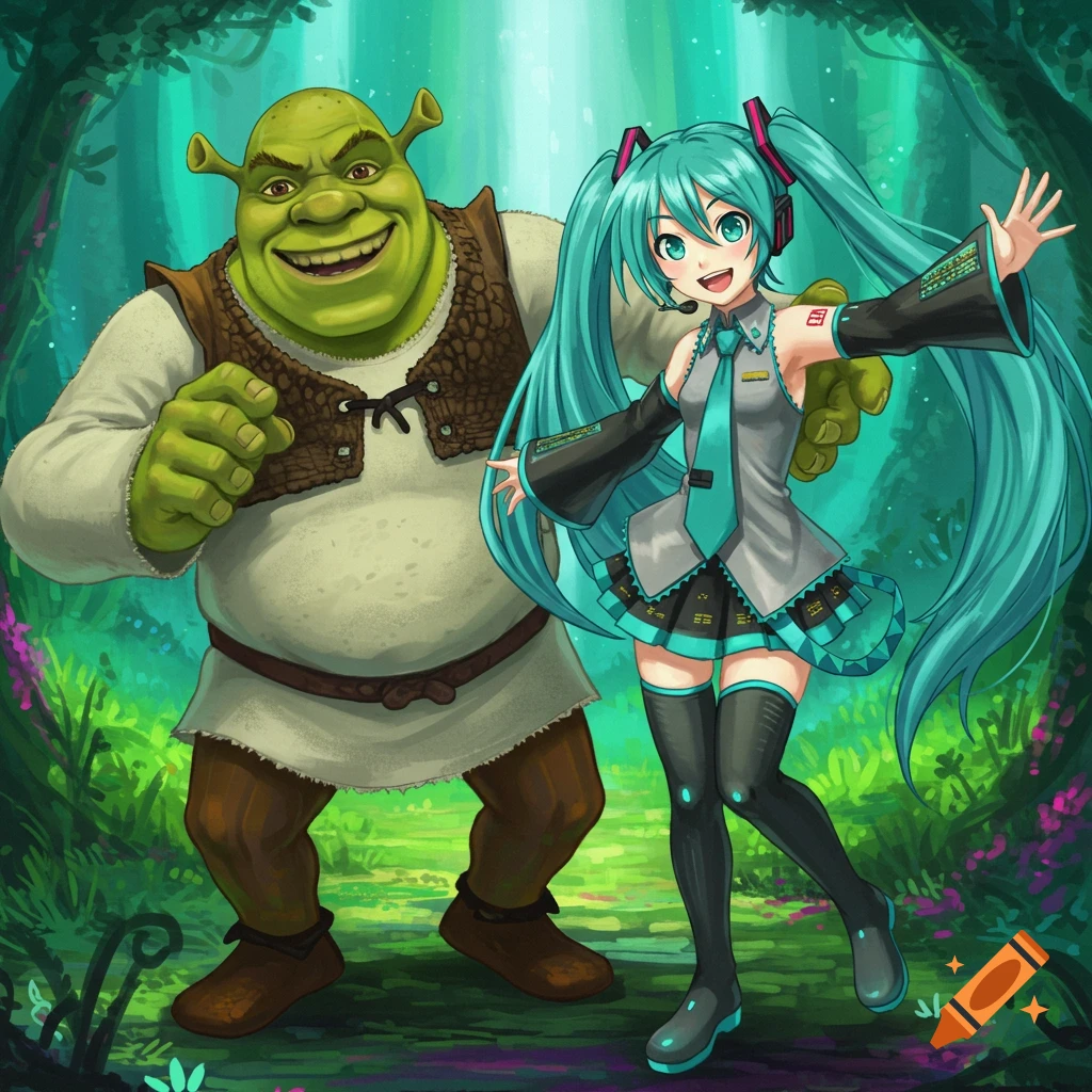 Illustration of Shrek and Hatsune Miku posing together in a forest.