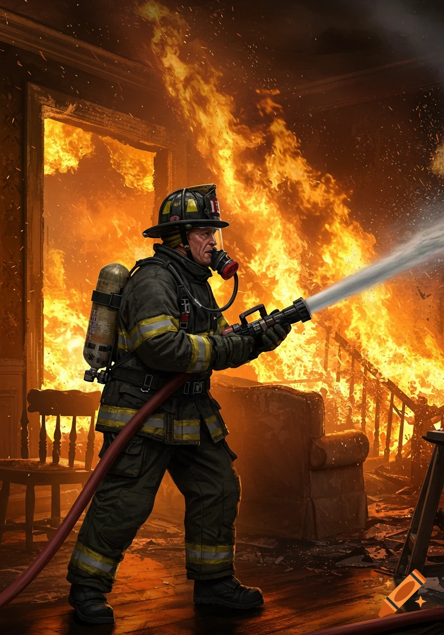 Firefighter spraying water on a large fire inside a building.