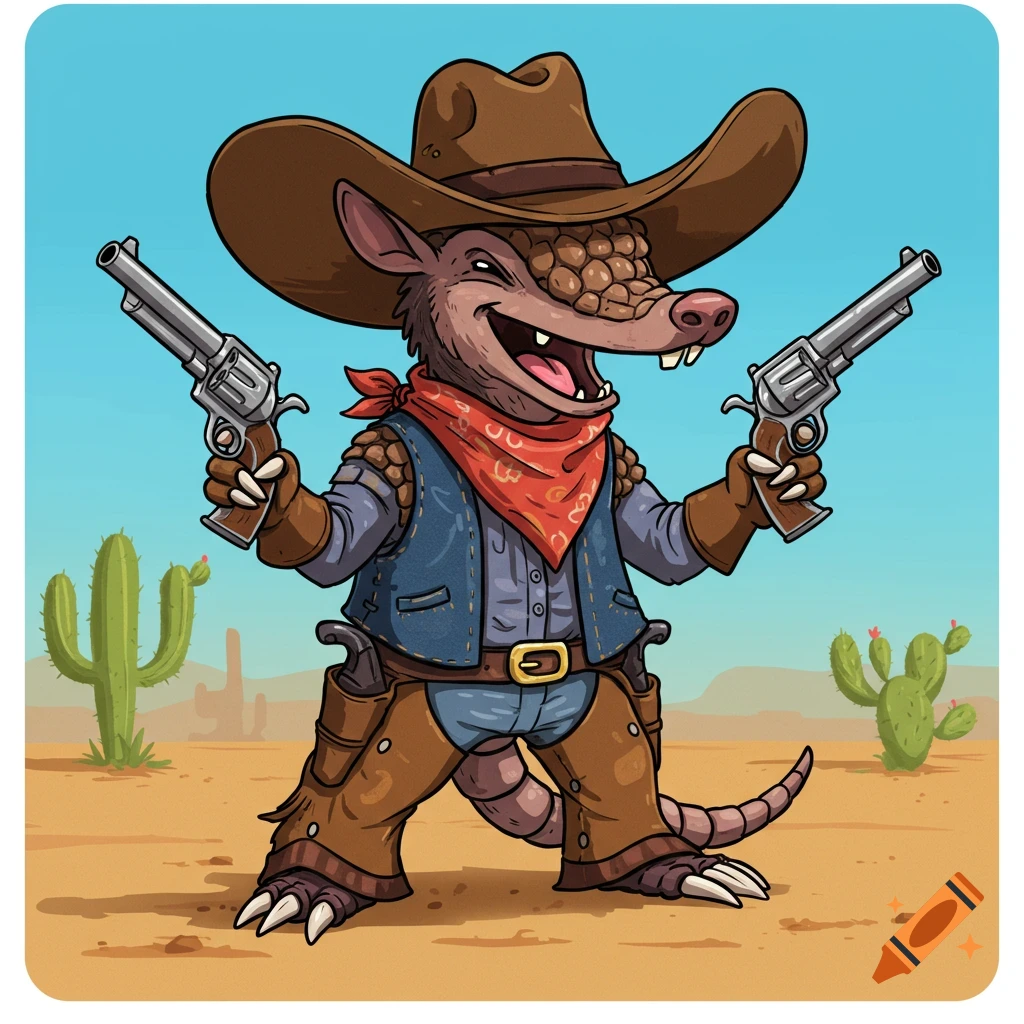 Cartoon armadillo dressed as a cowboy holds two pistols in a desert.
