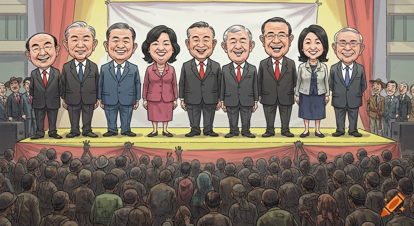 Political cartoon of smiling politicians on a stage in front of a crowd.