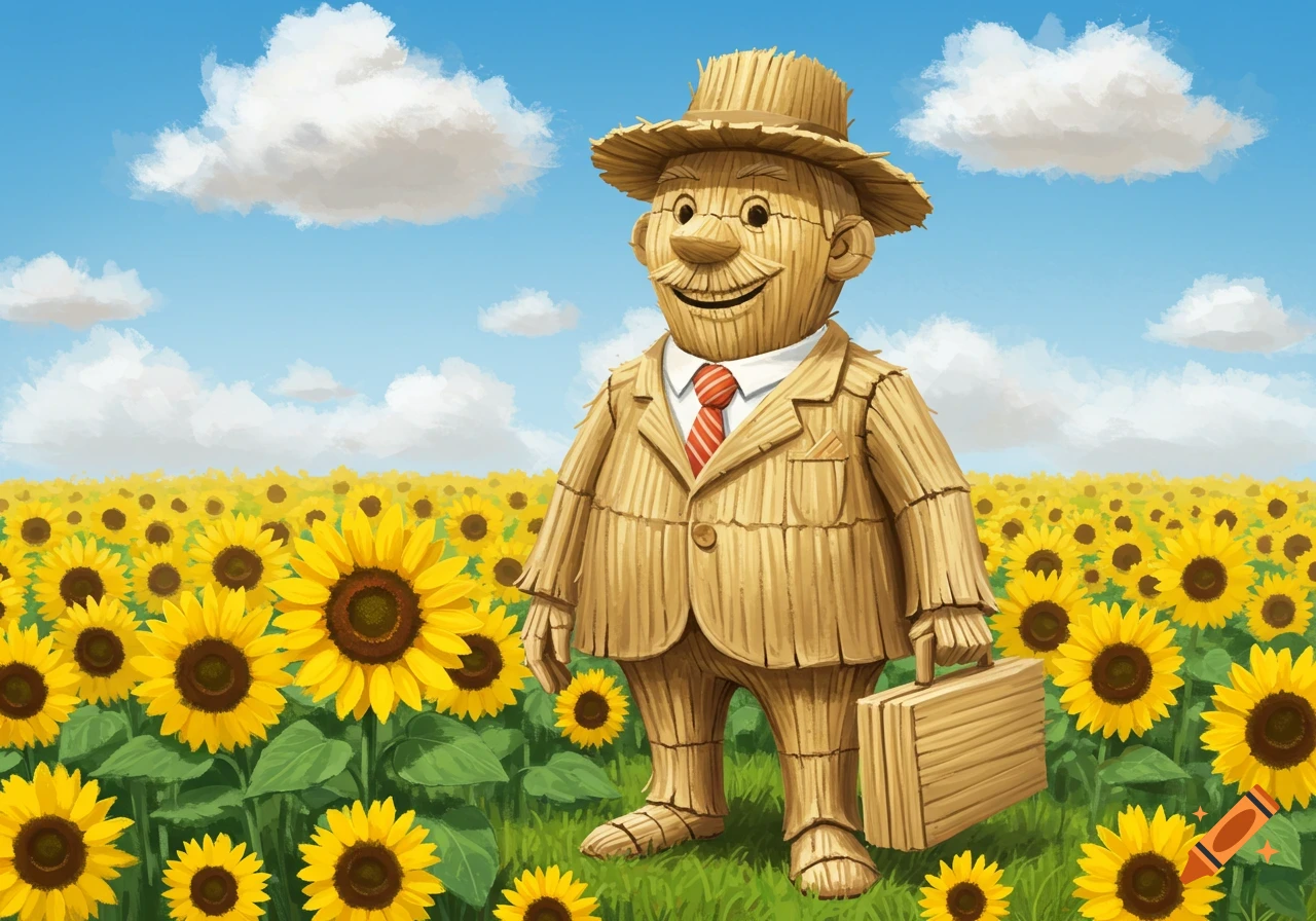 Illustration of a straw character in a suit and hat standing in a sunflower field, holding a briefcase.