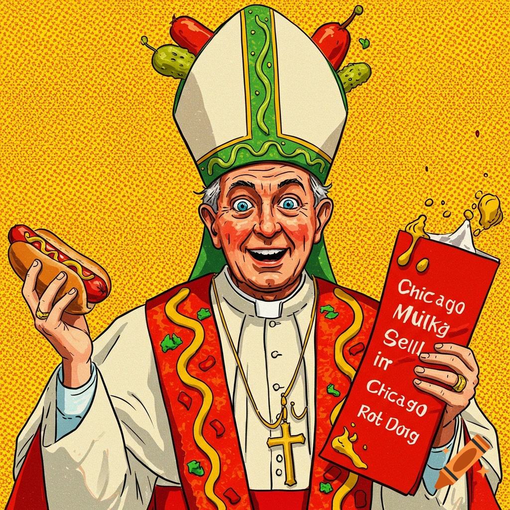 Pop art illustration of a pope holding a hot dog and a food box