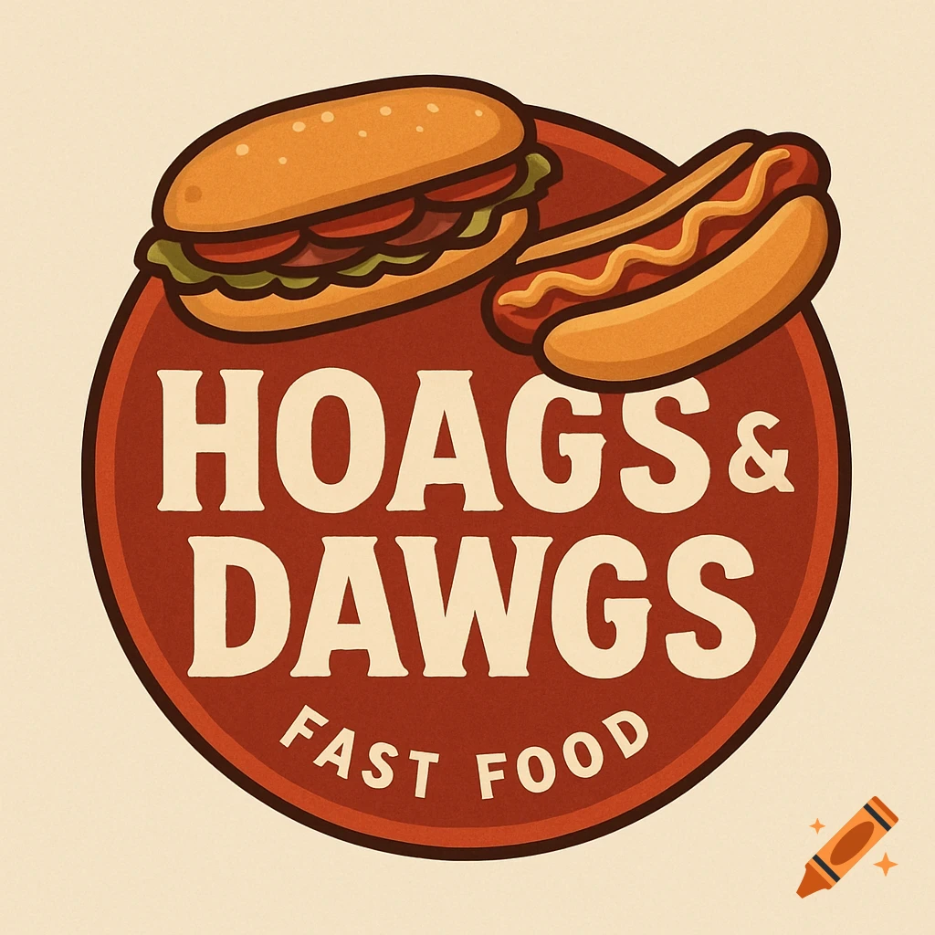 Illustrated logo for Hoags & Dawgs fast food, featuring a sandwich and a hot dog.