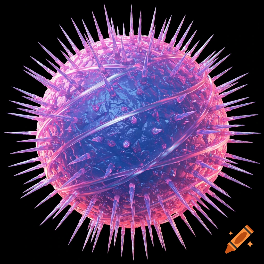 A purple and blue sphere covered in sharp spikes on a black background.