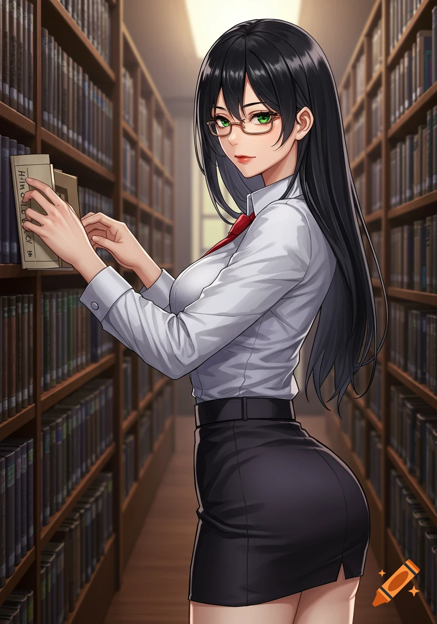 Anime woman with glasses putting books away in a library.