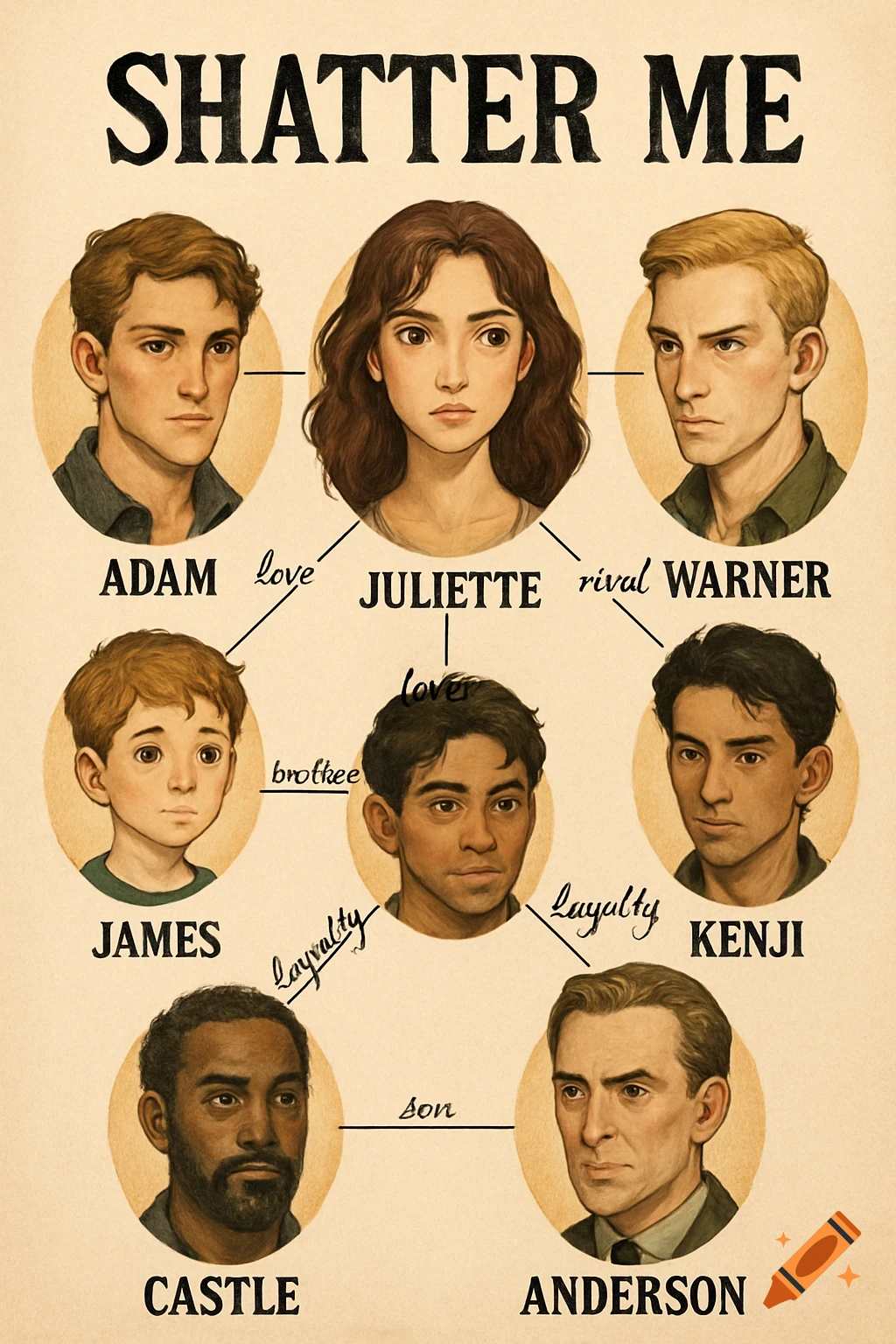 Character map for the book Shatter Me showing portraits of Juliette, Warner, Adam, and others connected by relationship labels.
