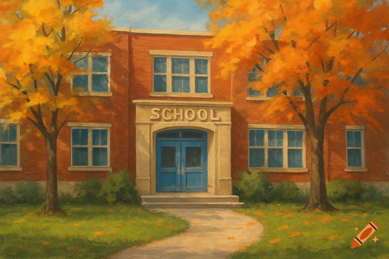 A painting of a school building with bright orange trees in autumn.