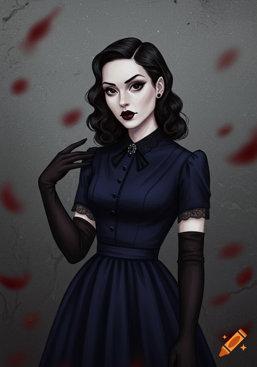 Portrait of a woman in 1940s navy blue goth dress and gloves.