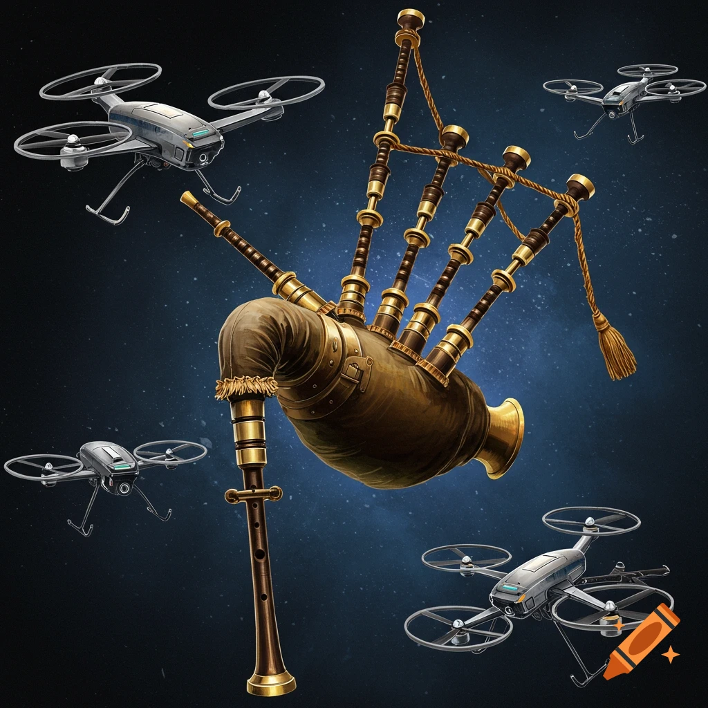 A mechanical bagpipe floats in a starry background with several drones flying around it in a digital illustration.
