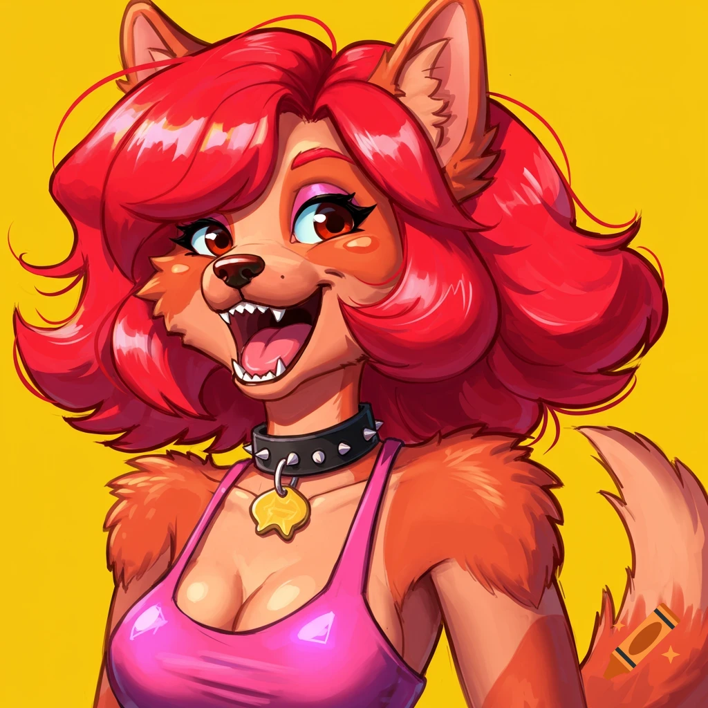 Close-up portrait of a red-haired anthropomorphic dog character wearing a pink tank top and spiked collar.
