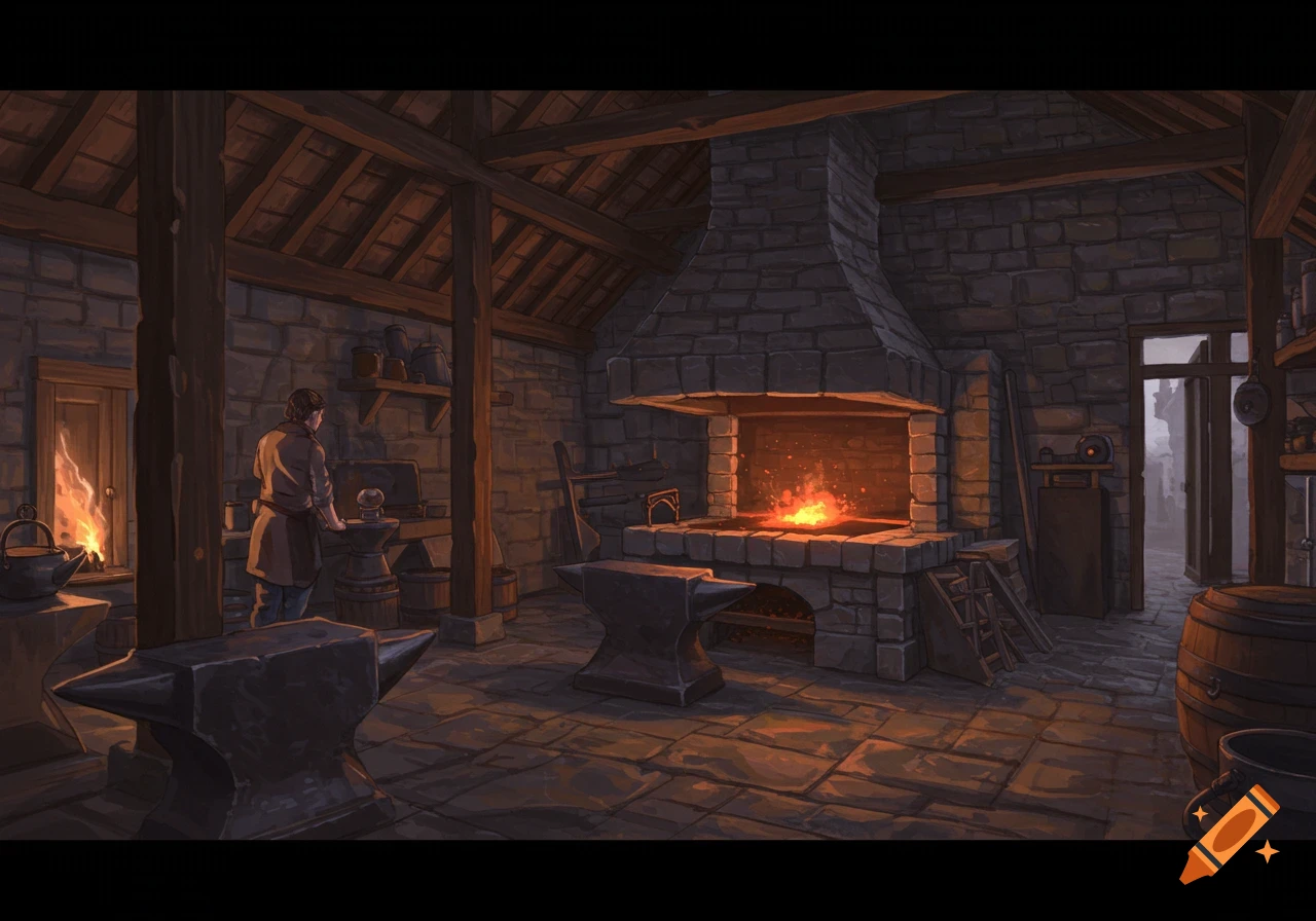Interior of a blacksmith's forge with a worker at an anvil, a large fireplace, and tools.