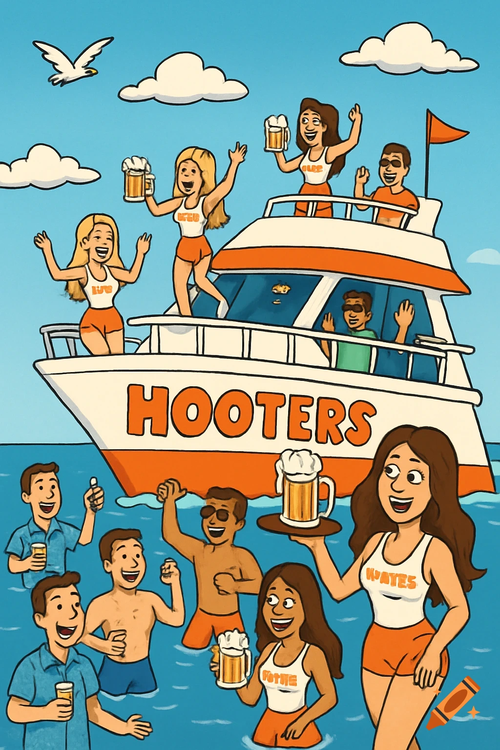Cartoon of people on a Hooters themed boat party, drinking beer.