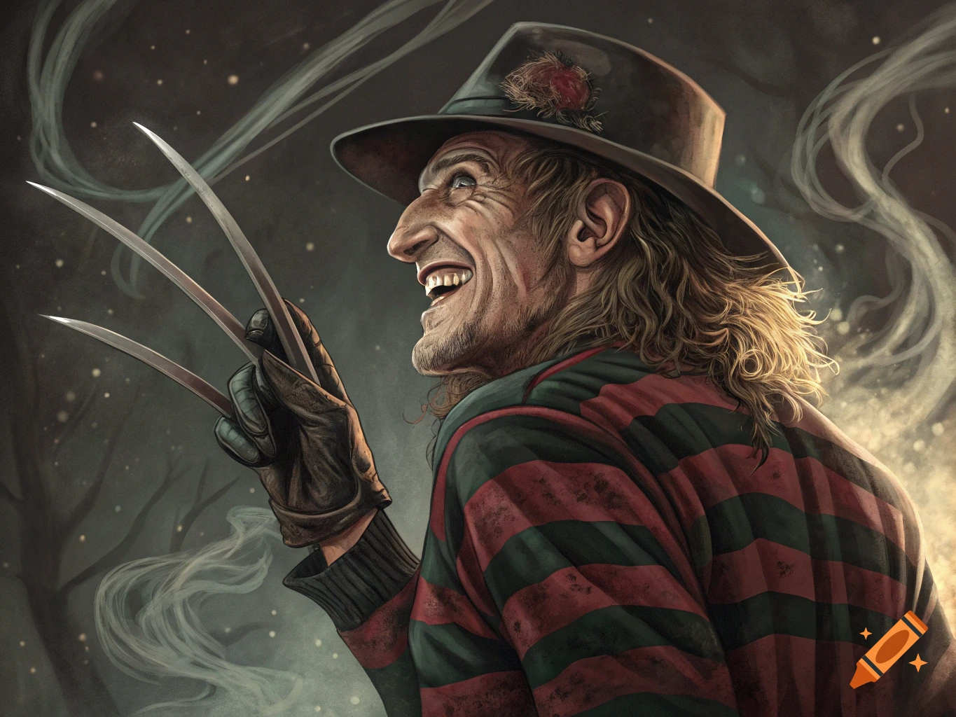 Portrait of Freddy Krueger with fedora and clawed glove, laughing, digital painting