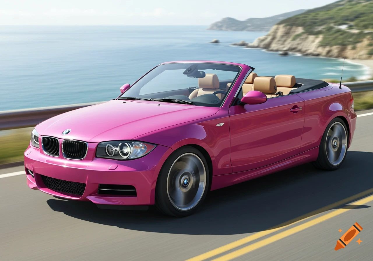 A hot pink convertible BMW drives on a scenic coastal road.