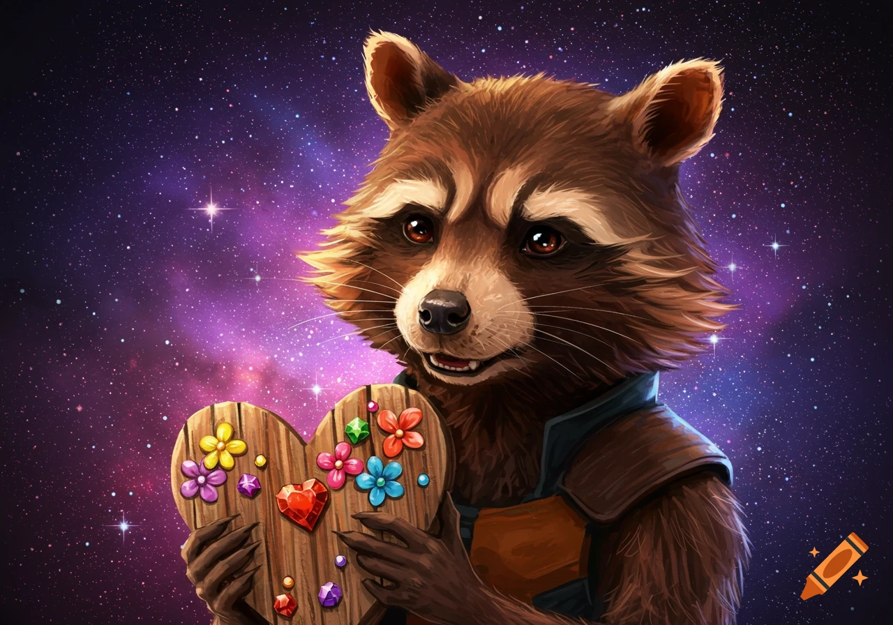 Rocket Raccoon holding a decorated wooden heart against a starry purple space background.