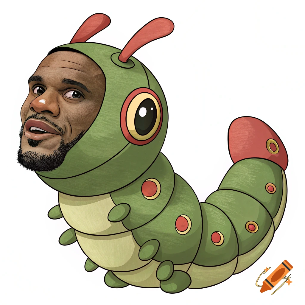 Cartoon Caterpie Pokemon with a human face.