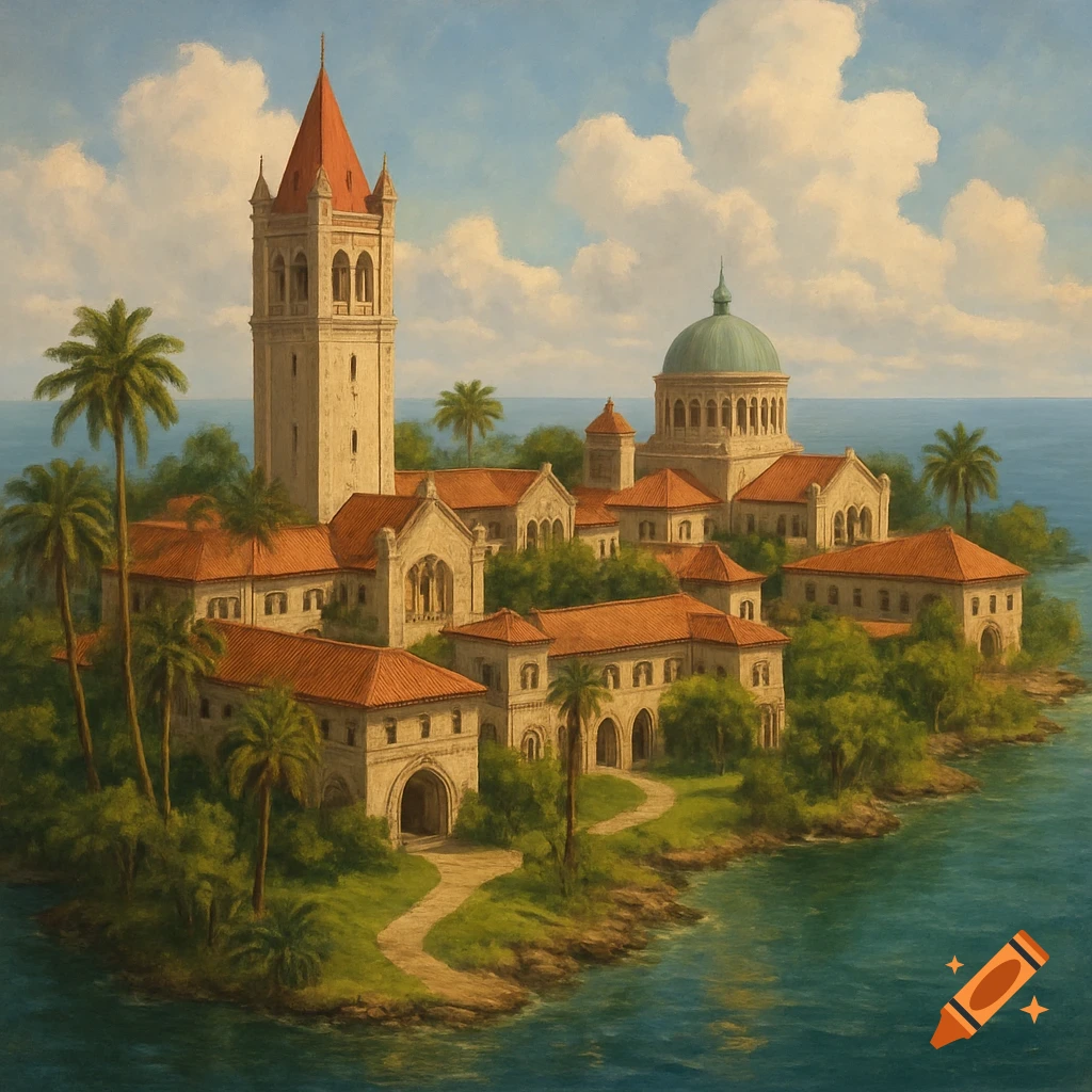 Painting of an island university complex with a tall tower and dome, surrounded by palm trees and blue water under a cloudy sky.