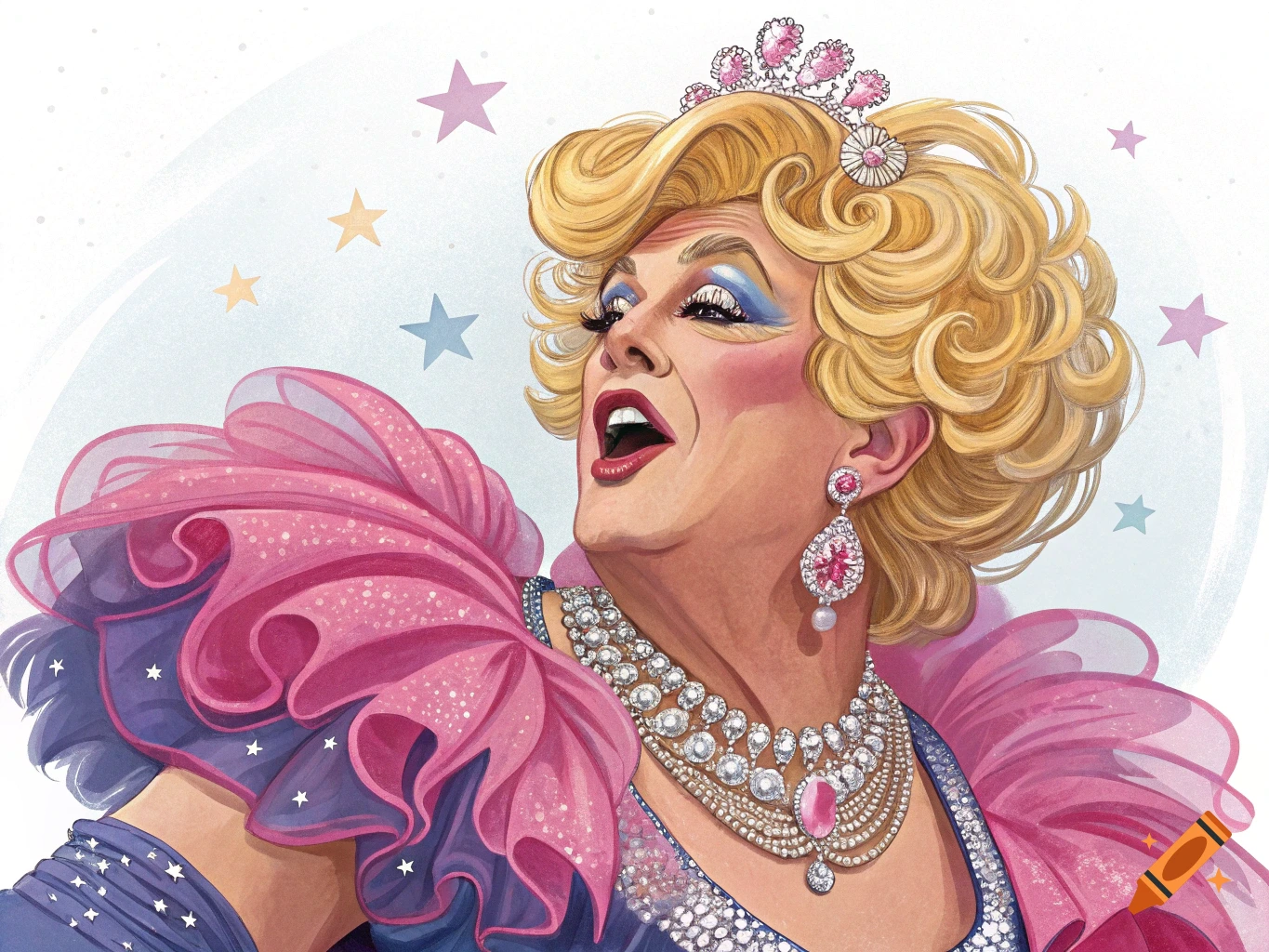 Illustration of a person in drag queen makeup and costume