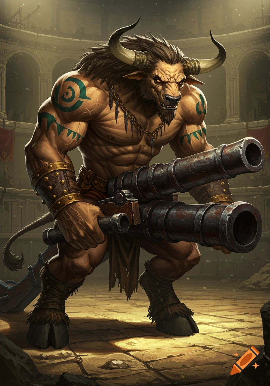 Muscular minotaur holding a large double cannon in a gladiatorial arena, digital painting.