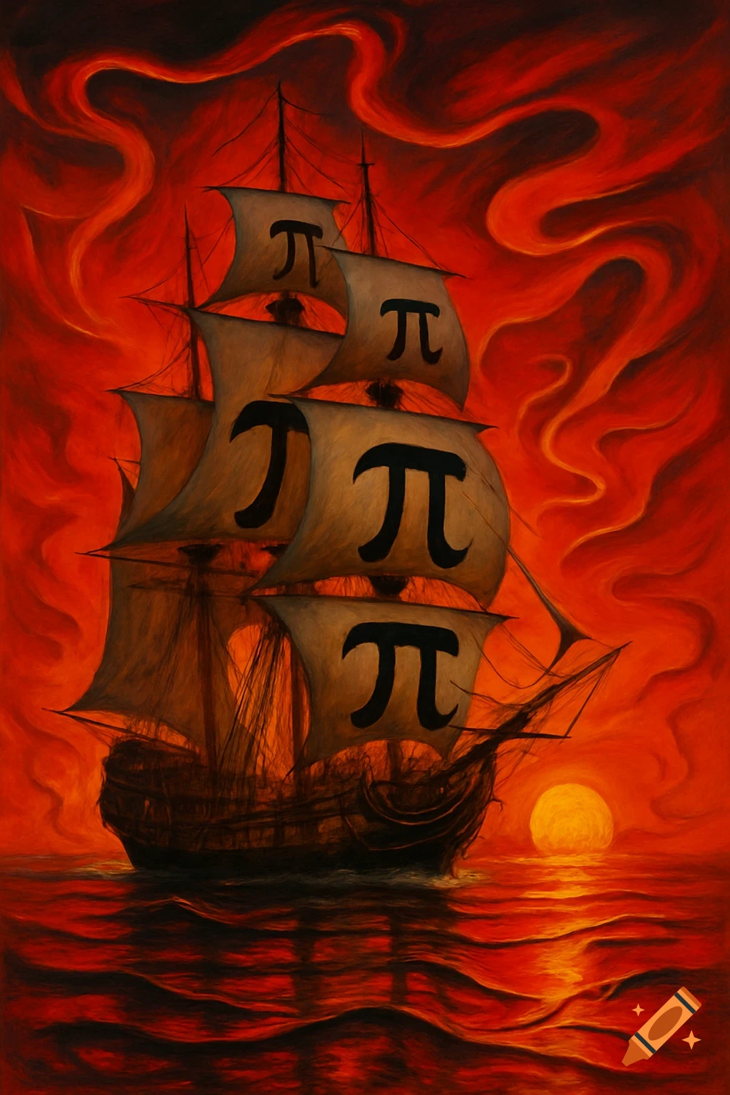 Sailing ship with Pi symbols on sails sailing into a red sunset, painterly style.