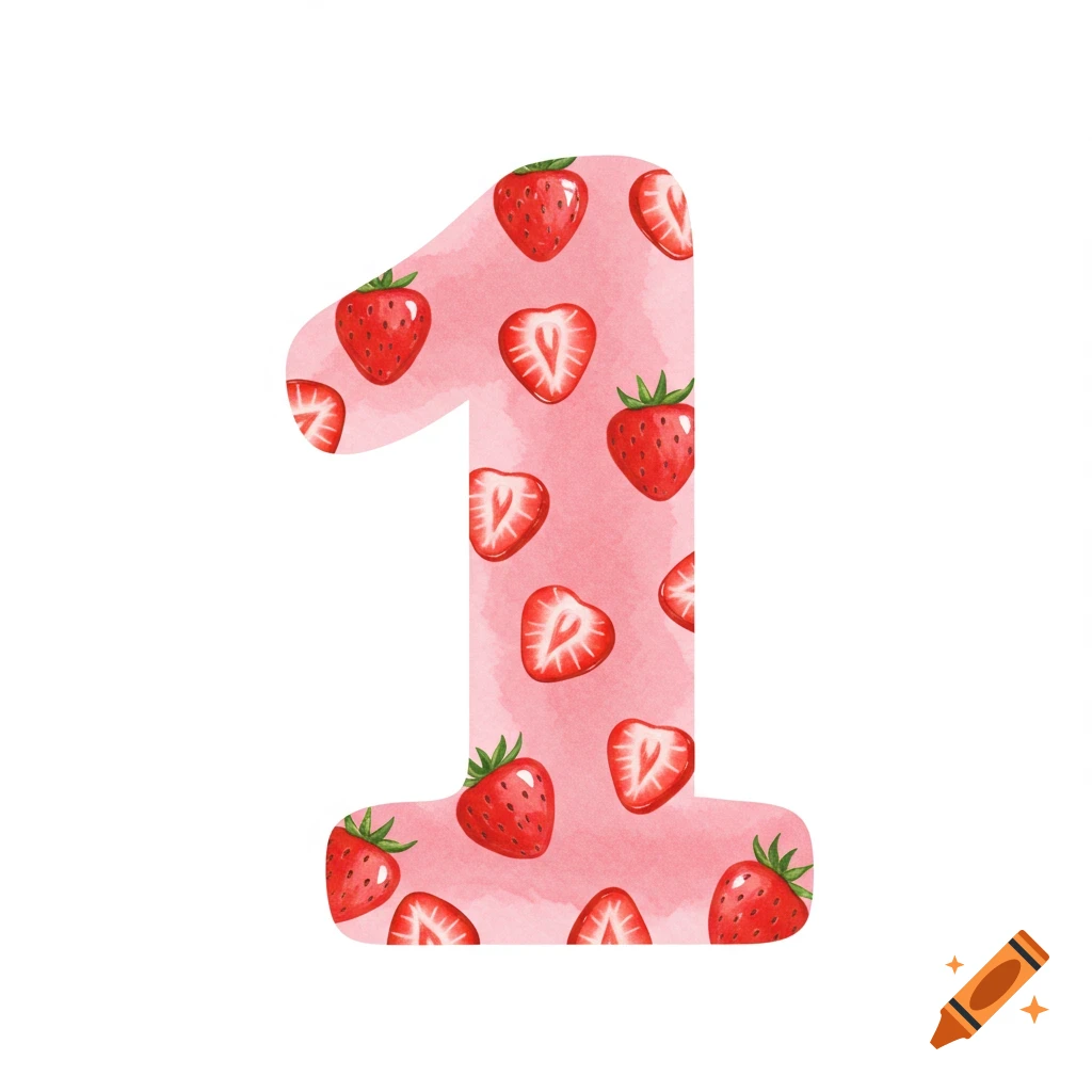 Watercolor illustration of the number 1 decorated with strawberries on a white background.