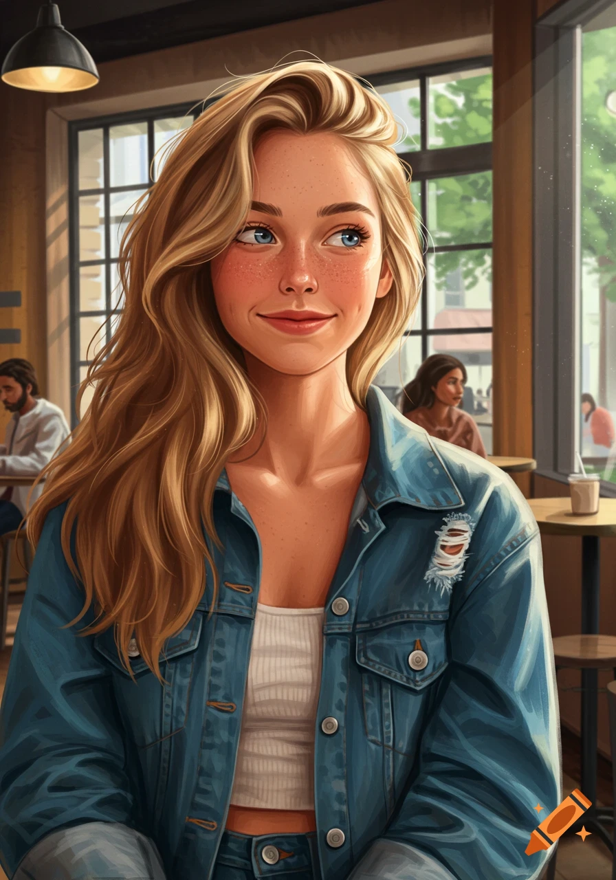 A young woman with blonde hair and blue eyes smiles in a cafe, digital illustration.
