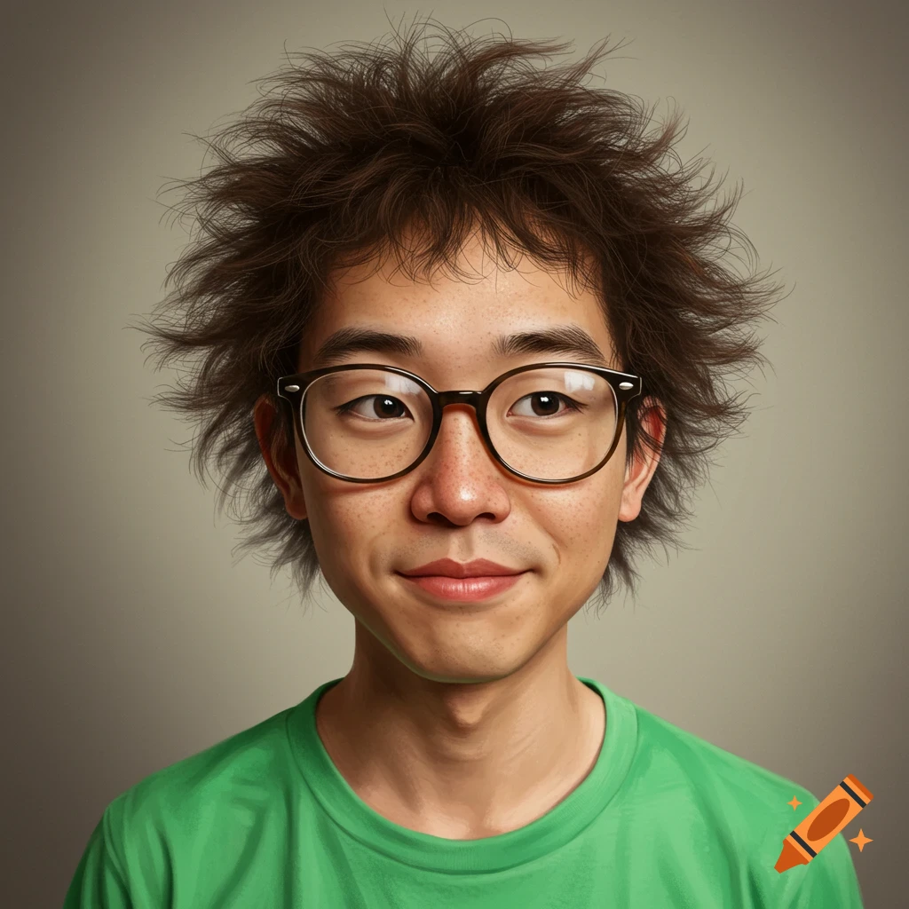 A hyperrealistic portrait of a young man with messy brown hair and glasses wearing a green t-shirt.