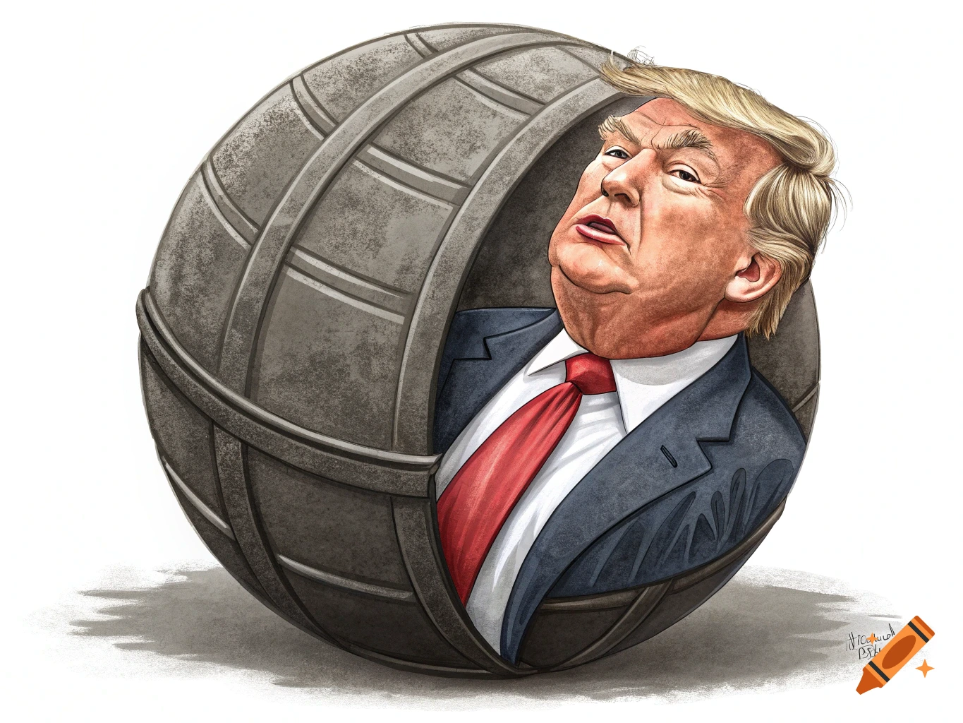 Caricature of Donald Trump popping out of a large metal sphere