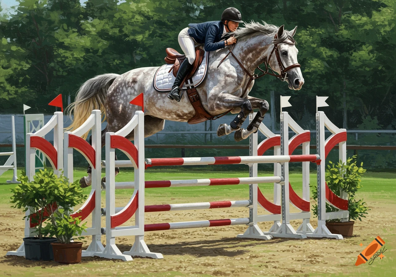 Rider on a grey dappled horse jumping over a red and white hurdle in a painted style