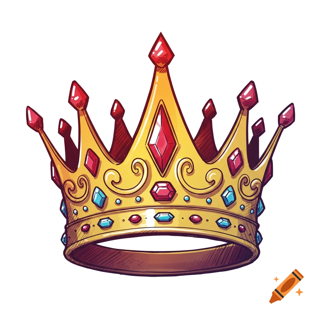 A hand-drawn illustration of a golden crown decorated with red and blue jewels.