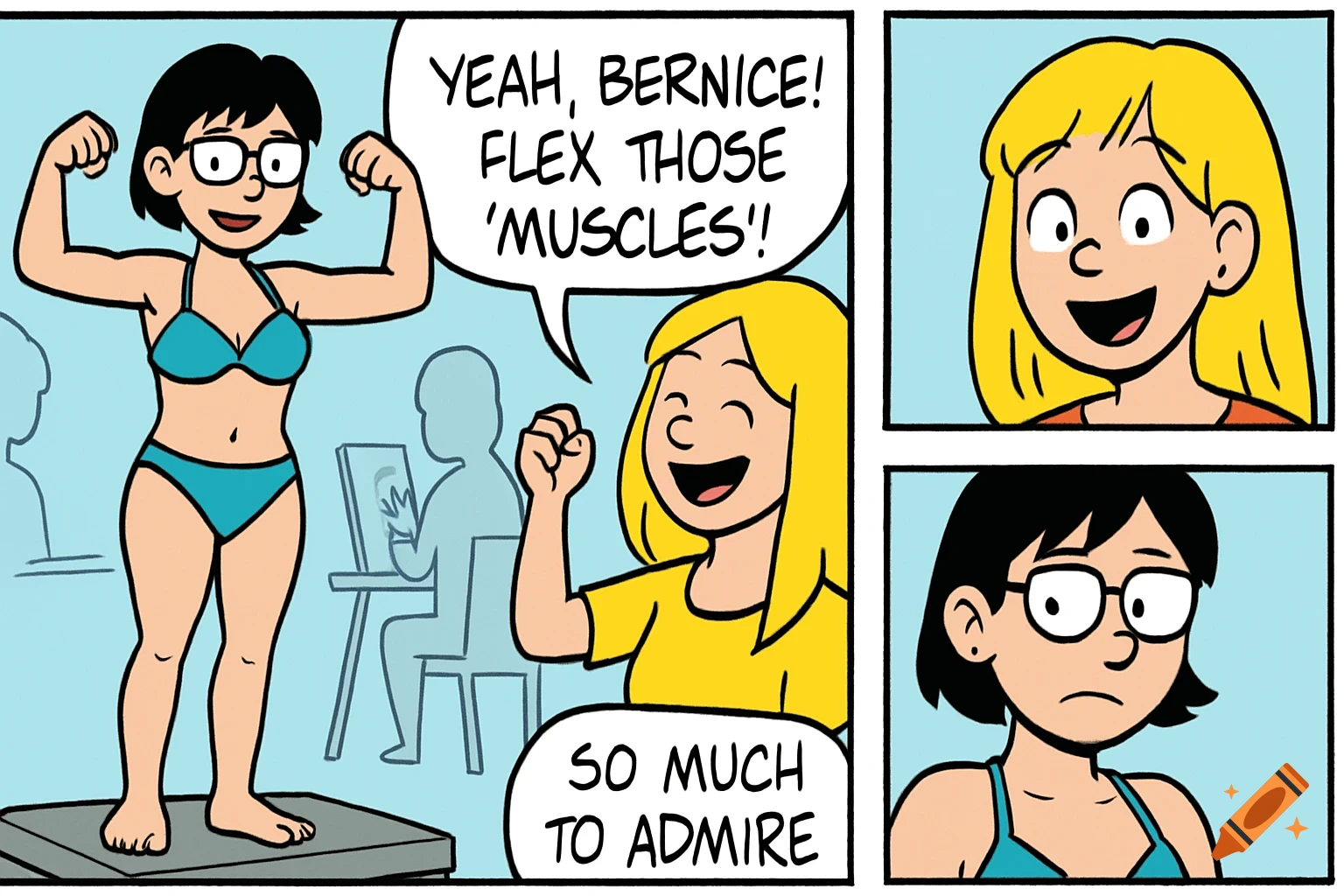 Cartoon comic strip showing a woman in a bikini flexing while another woman cheers her on.