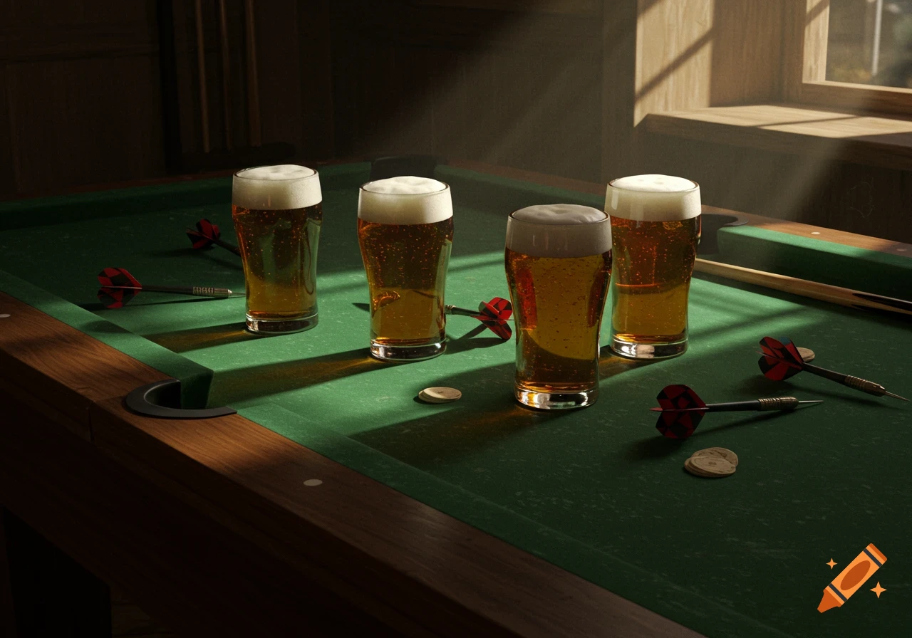 Four glasses of beer, darts, and chips on a pool table in dramatic light.