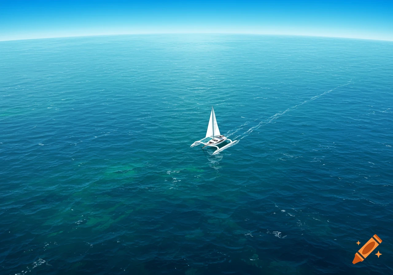 Trimaran sailboat on a vast blue ocean under a clear sky.