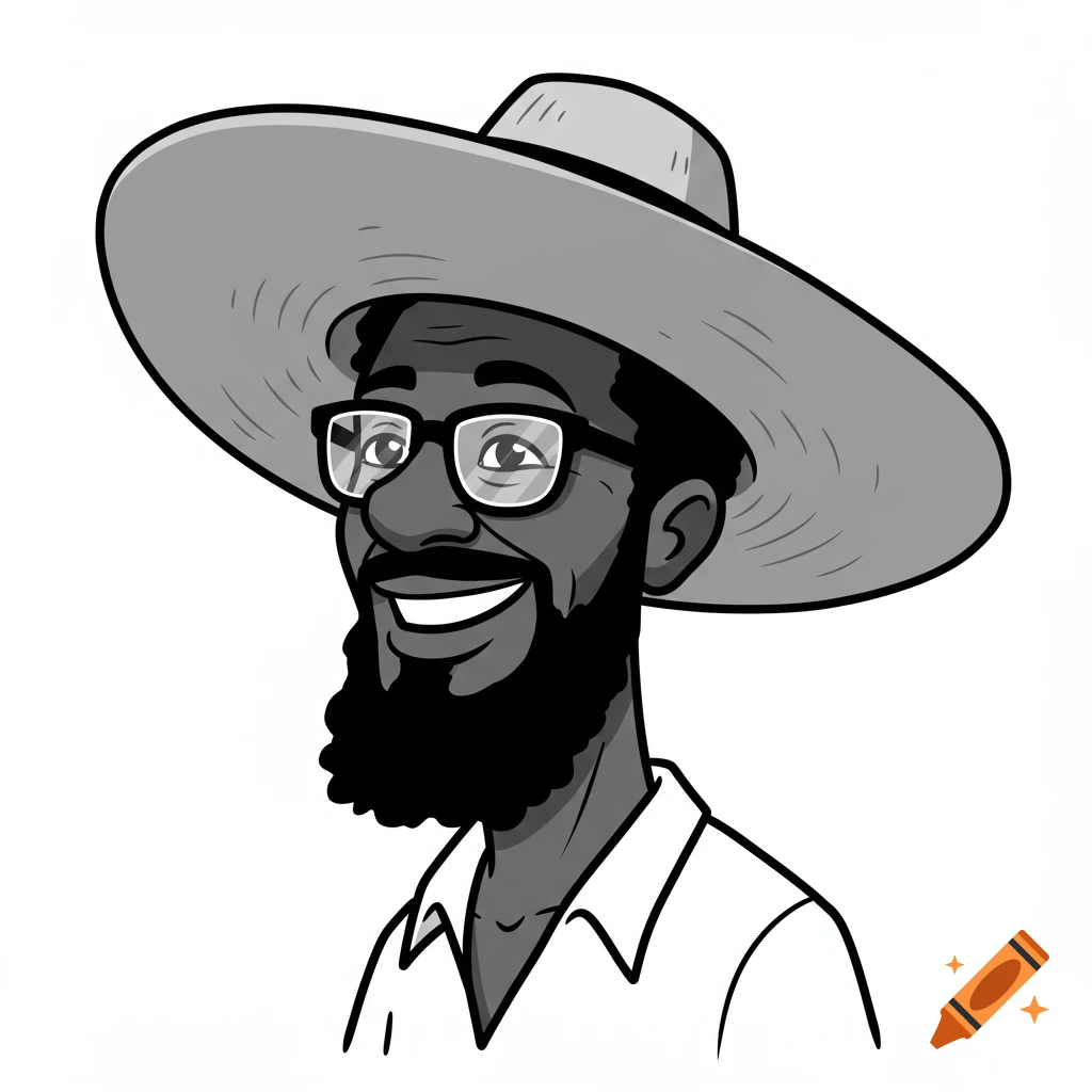 A black and white cartoon portrait of a smiling man with a wide-brimmed hat, glasses, and beard.