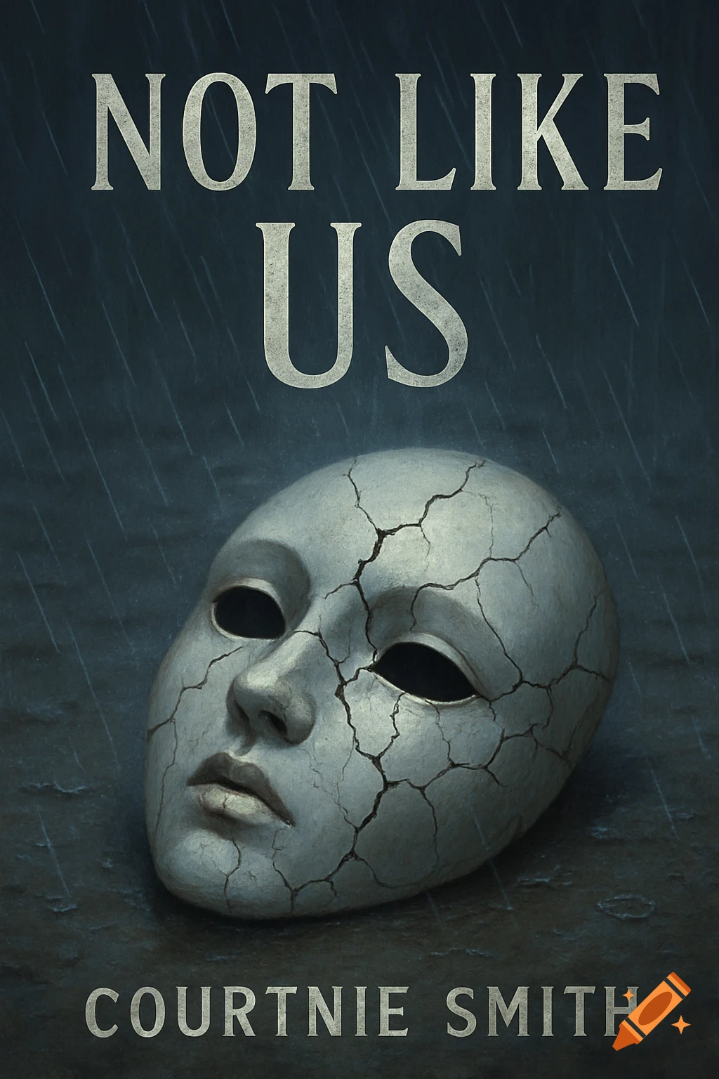 Book cover with a cracked mask on the ground in the rain. Title: NOT LIKE US. Author: Courtnie Smith.