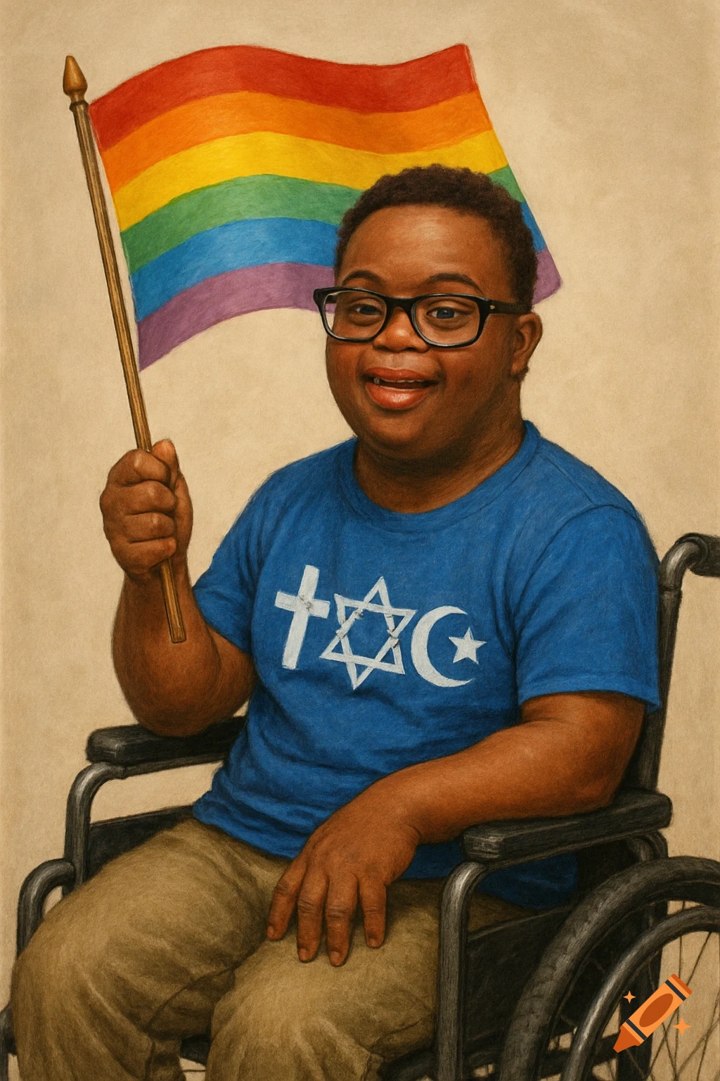 Illustration of a person with Down Syndrome in a wheelchair, holding a rainbow flag, wearing a shirt with religious symbols.