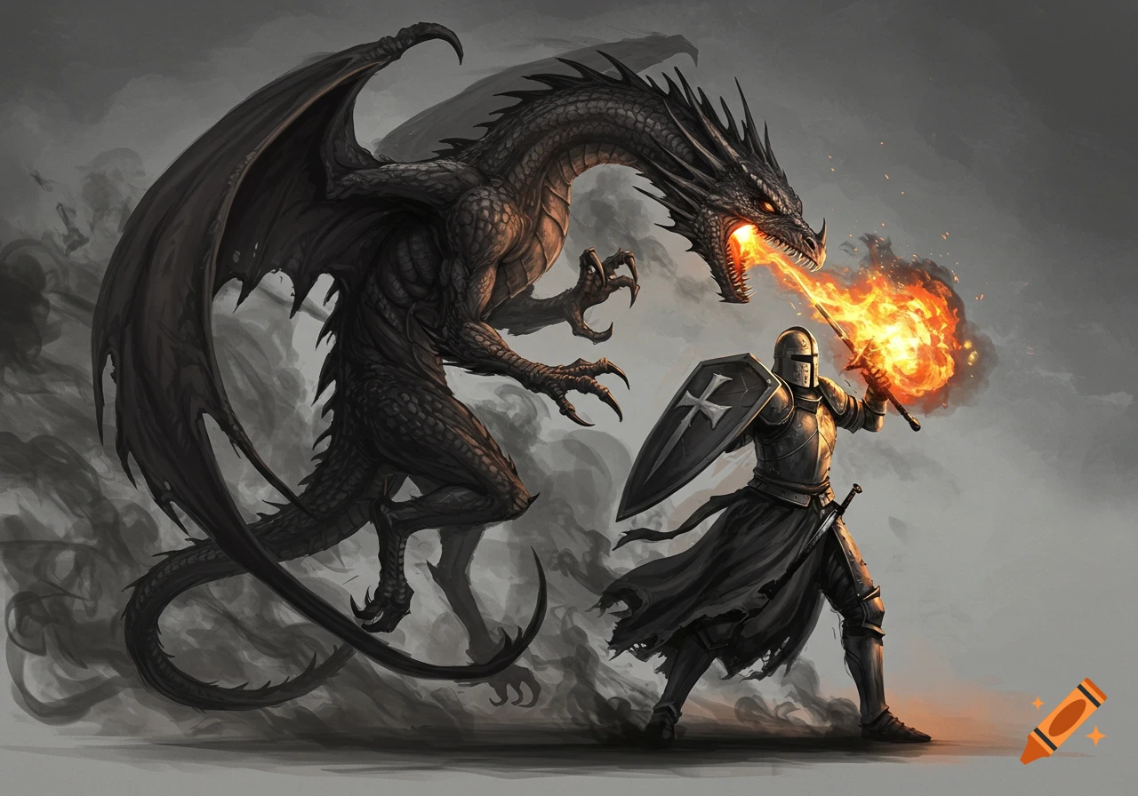 A knight in armor fights a fire-breathing dragon in a fantasy illustration.