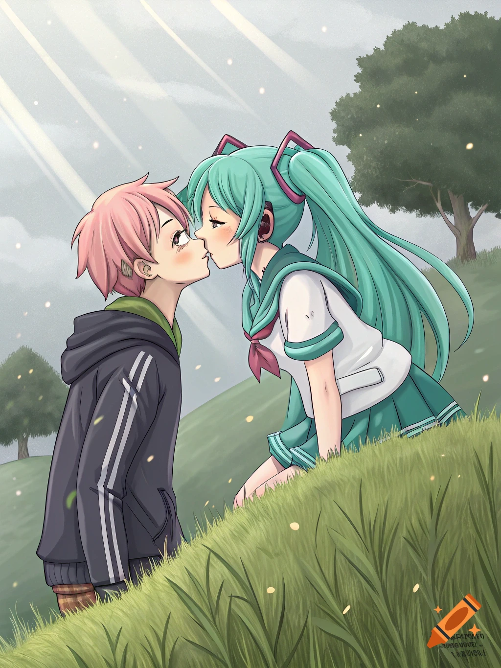 Two anime characters, one with pink hair and one with turquoise hair resembling Hatsune Miku, kiss on a grassy hill under a ray-filled sky.