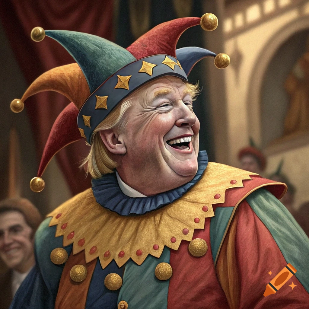 Caricature portrait of Donald Trump dressed as a laughing jester