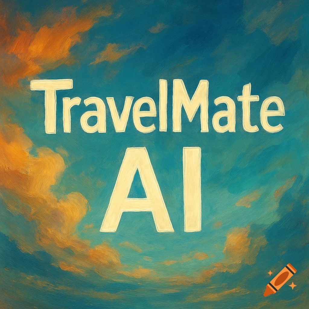 Text 'TravelMate AI' in a painted sky background