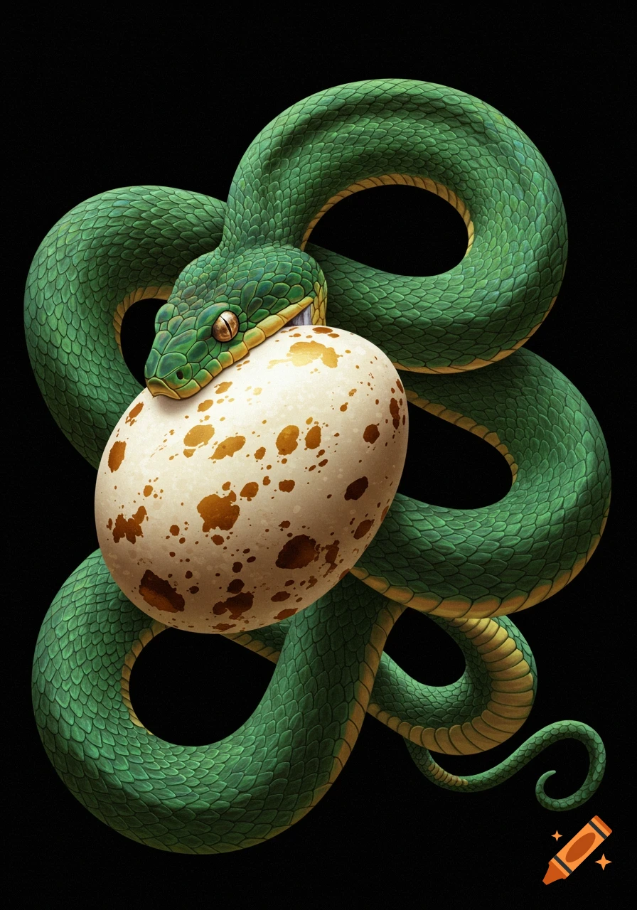 A green snake is coiled around a large speckled egg.