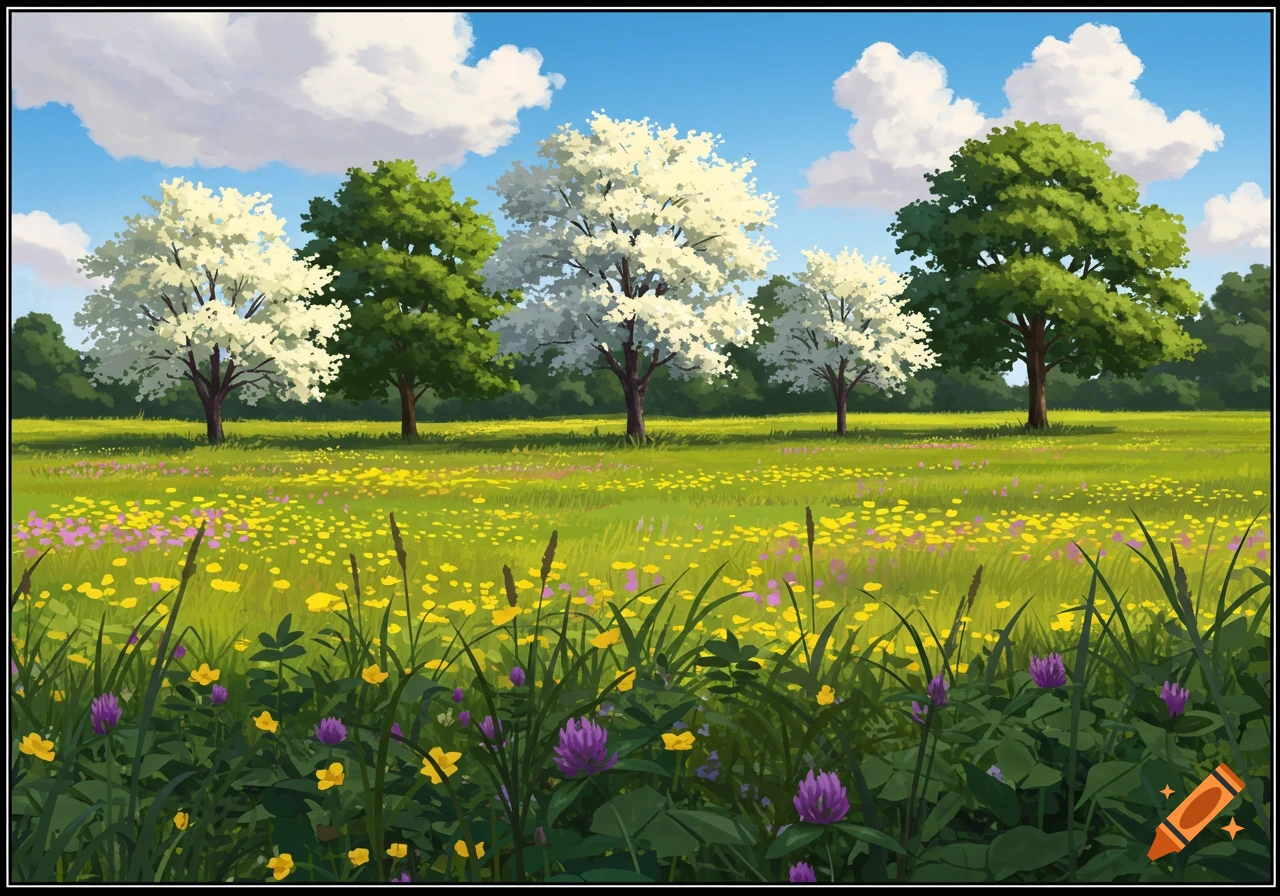 A vibrant summer meadow with yellow and purple wildflowers in the foreground and green and white blooming trees under a blue sky.