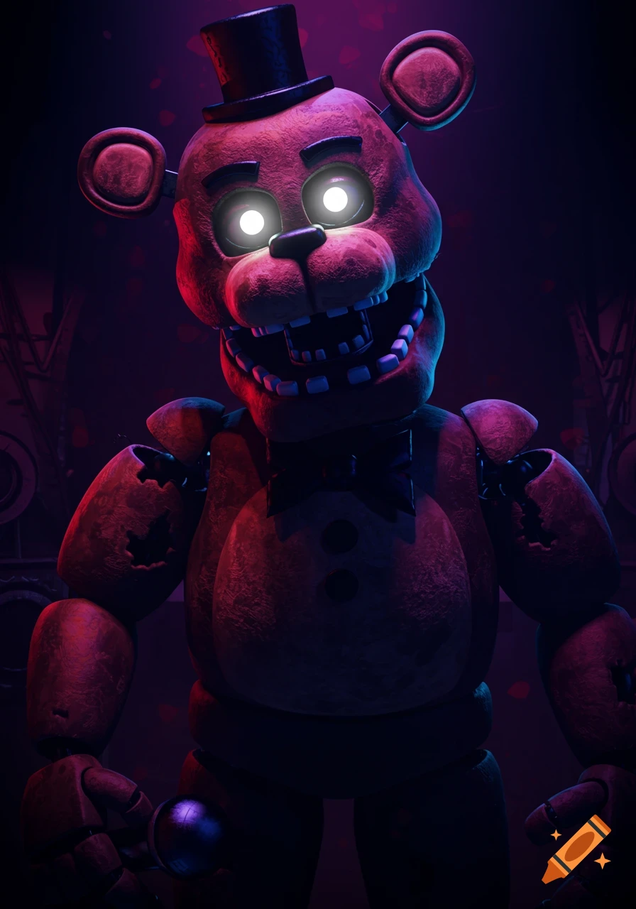 A close-up portrait of a creepy animatronic bear character with glowing eyes and a top hat.
