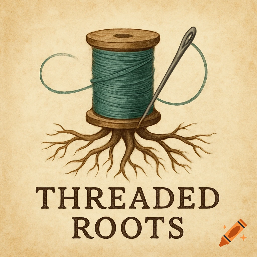 Illustration of a thread spool with roots and a needle, with the text THREADED ROOTS.