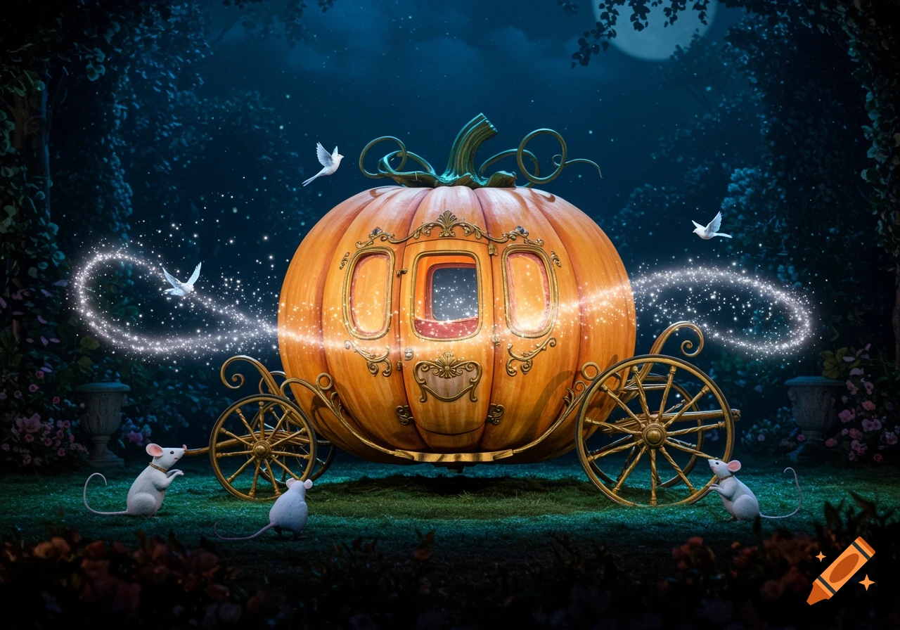 A pumpkin carriage surrounded by mice and birds under a starry night sky with magic sparkles.