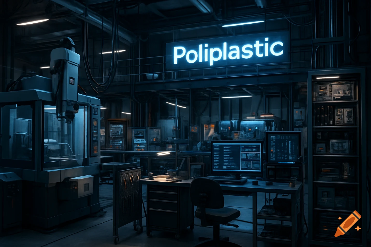Atmospheric view of a futuristic industrial workshop with machinery, computers, and a neon 'Poliplastic' sign.