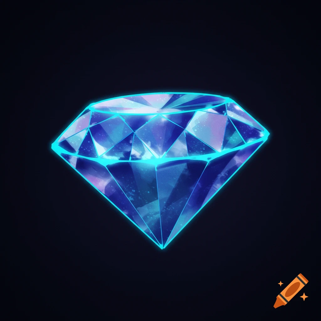A glowing blue and purple faceted diamond on a dark background.