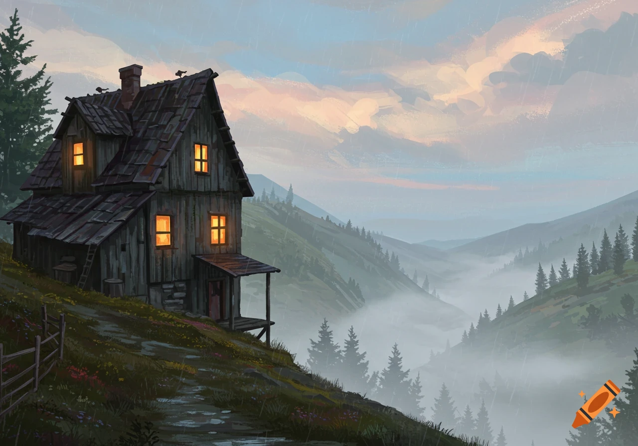 An illustration of a rustic house on a hill overlooking a misty valley in the rain.