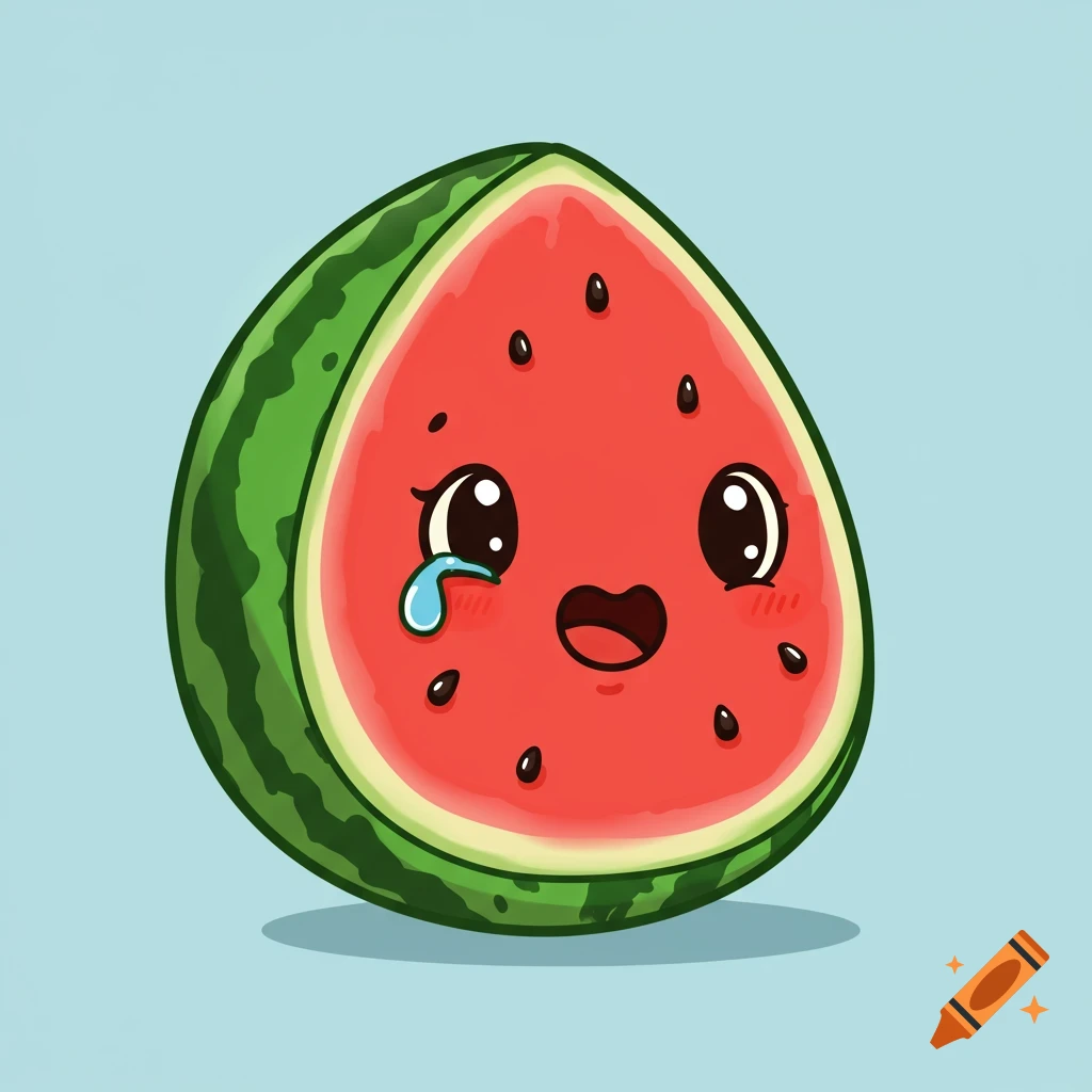 Cartoon slice of watermelon with a face crying a teardrop on a blue background.